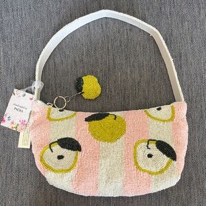 Beaded Apple / Pink & White Stripe Shoulder Bag